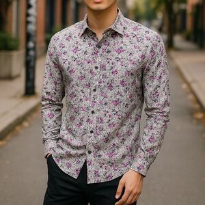 Barabas Printed Button Down Short Sz Large Floral Print White Blk Purple